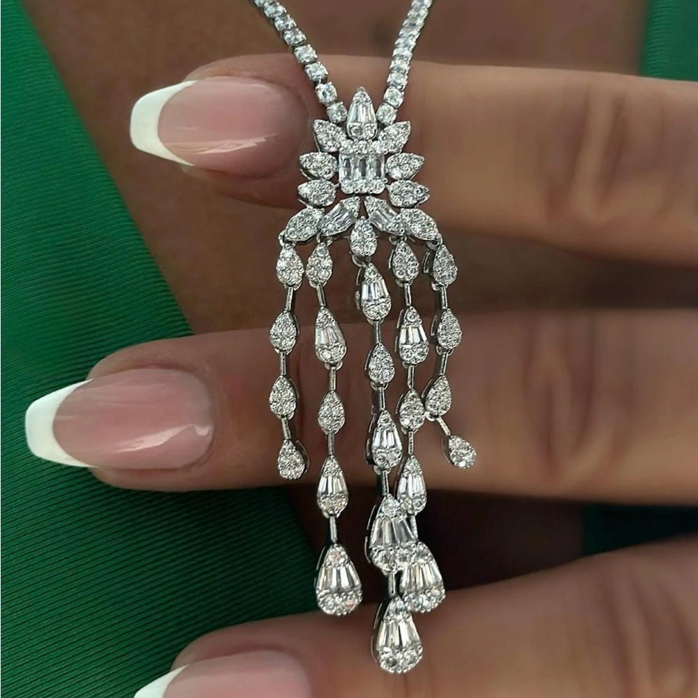 White Gold Plated Made W Swarovski Crystal Women's Long Necklace Bridal Jewelry - Picture 2 of 8